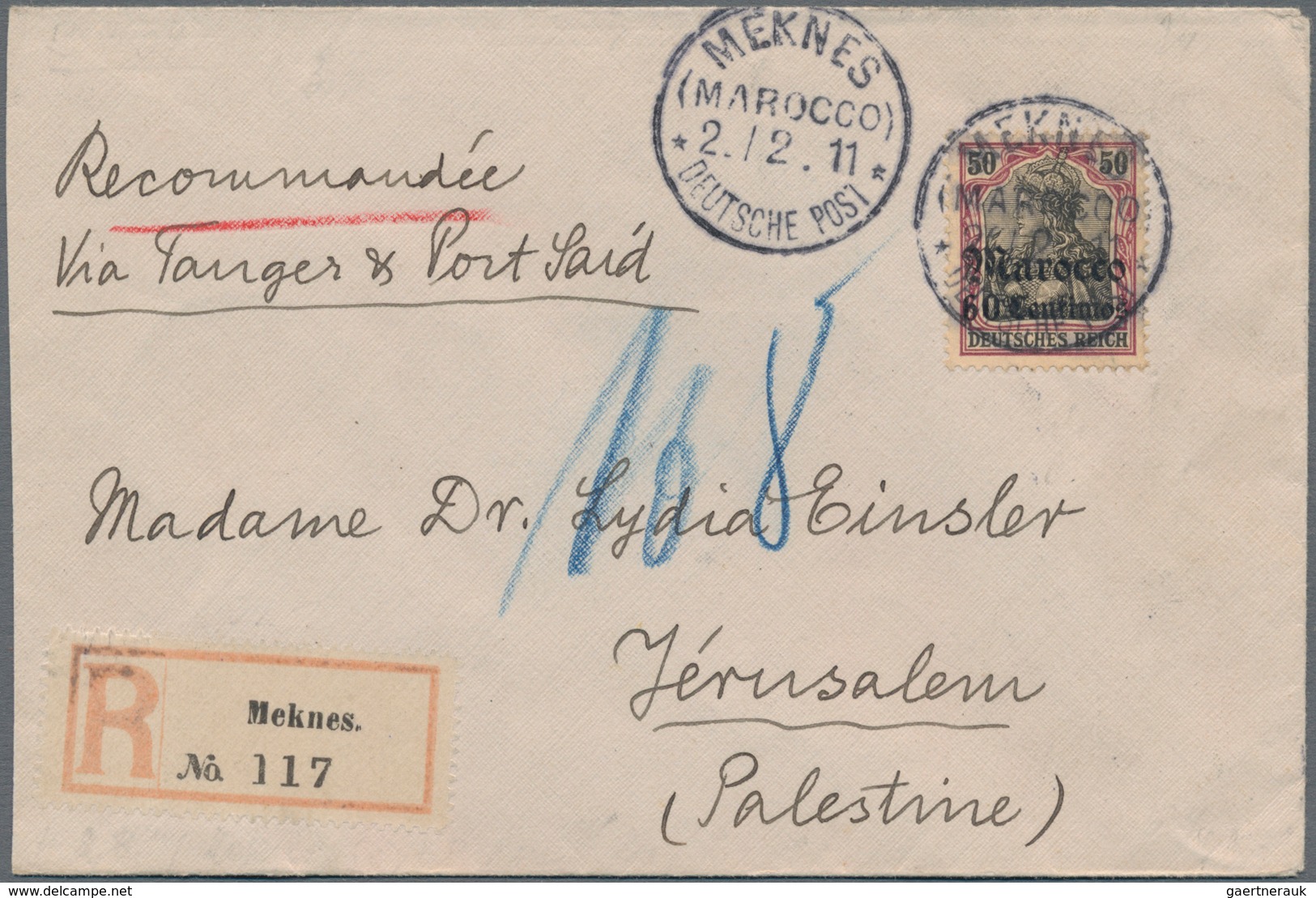 Deutsche Post In Marokko: 1906, Einschreibbrief, Frankiert Mit Germania 60 C. Auf 50 Pfg. Mit Aufdru - Deutsche Post In Marokko