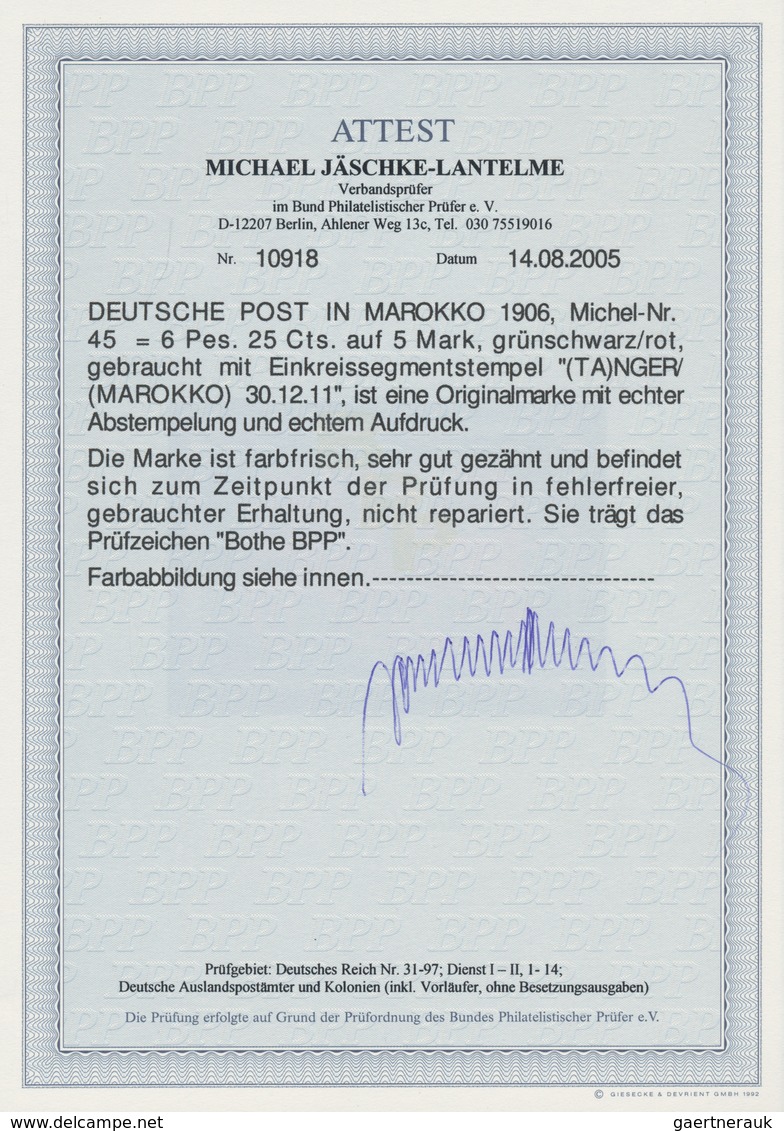 Deutsche Post In Marokko: 1906, 6 P 25 C Auf 5 M, Grünschwarz/dunkelkarmin, Entwertet Mit Einkreisse - Deutsche Post In Marokko