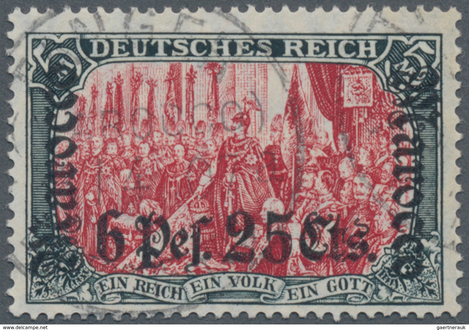Deutsche Post In Marokko: 1906, 6 P 25 C Auf 5 M, Grünschwarz/dunkelkarmin, Gebraucht Mit Echtem Ste - Deutsche Post In Marokko