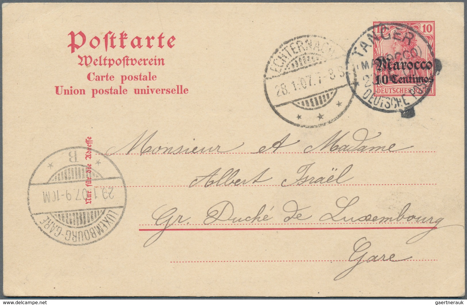 Deutsche Post In Marokko - Ganzsachen: 1907/10, Zwei Bedarfs- Und Portogerecht Gebrauchte Ganzsachen - Marokko (kantoren)