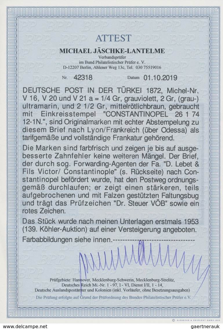 Deutsche Post In Der Türkei - Vorläufer: 1872, Großer Schild 2x ¼ Gr. Blaßviolett, 2 Gr. Blau Und 2½ - Turkse Rijk (kantoren)