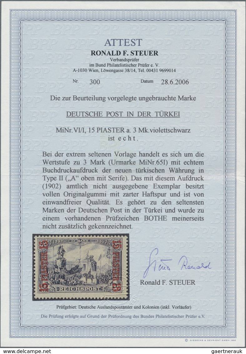 Deutsche Post In Der Türkei: 1902, 15 Piaster Auf 3 Mark Violettschwarz, UNVERAUSGABTER Wert Mit Auf - Turkey (offices)