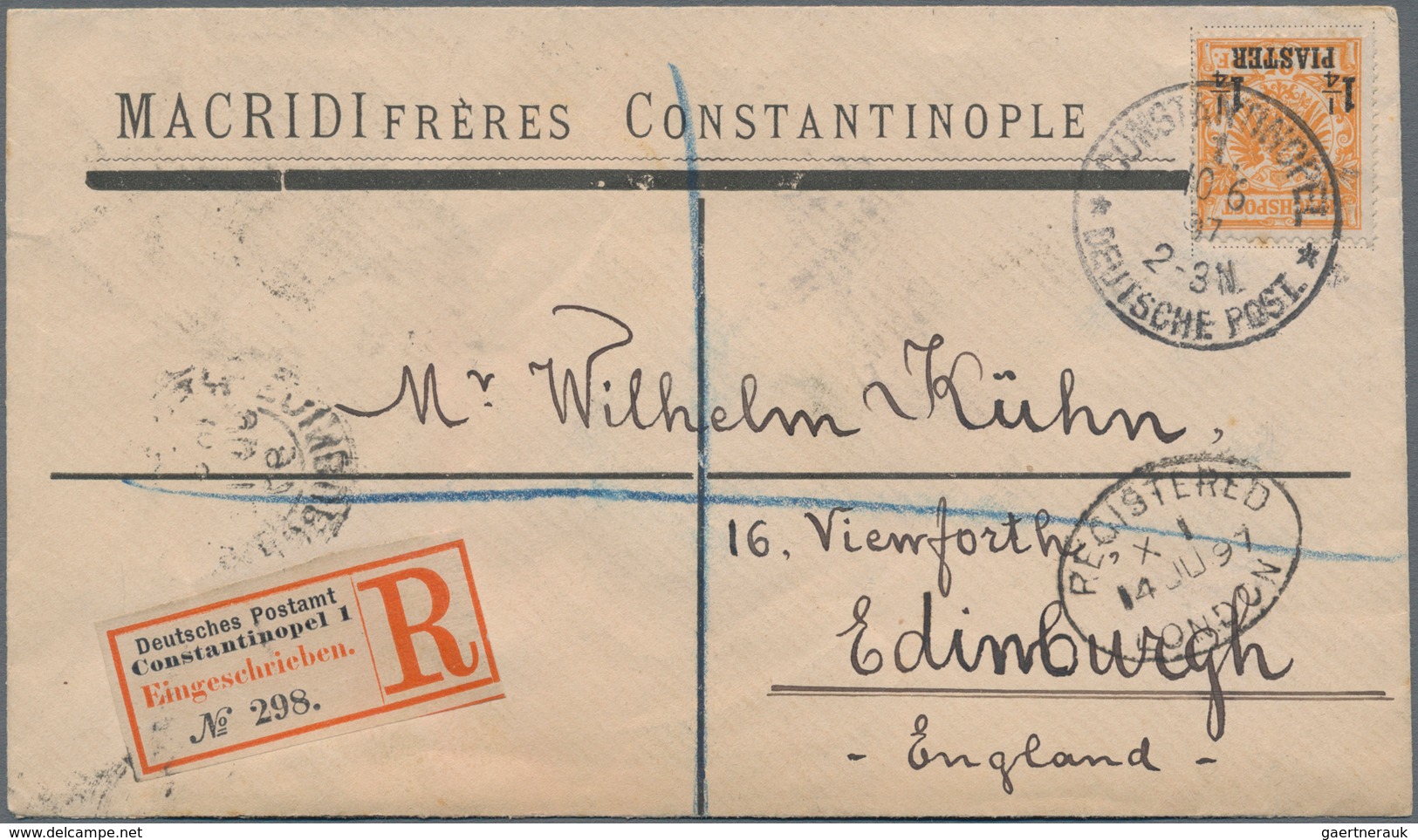 Deutsche Post In Der Türkei - Stempel: 1897, 5 Pf., 10 Pf. Und 25 Pf. K/A Als 3-Farbenfrankatur Auf - Turkey (offices)