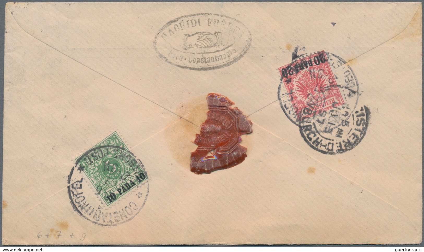 Deutsche Post In Der Türkei - Stempel: 1897, 5 Pf., 10 Pf. Und 25 Pf. K/A Als 3-Farbenfrankatur Auf - Deutsche Post In Der Türkei