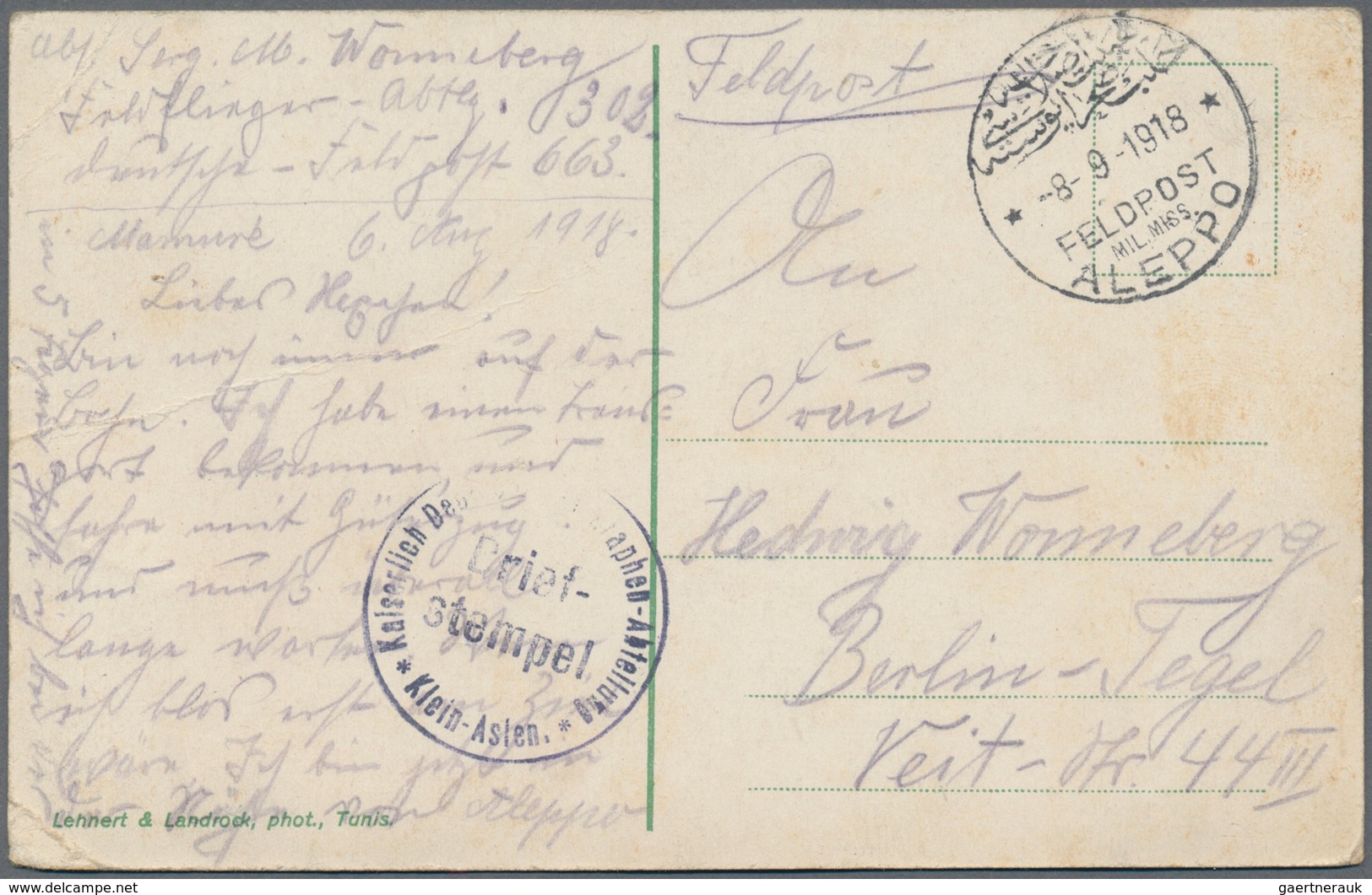 Deutsche Post In Der Türkei - Stempel: 1918, "FELDPOST MIL.MISS. ALEPPO 8.9.1918", Klarer Abschlag A - Turkse Rijk (kantoren)