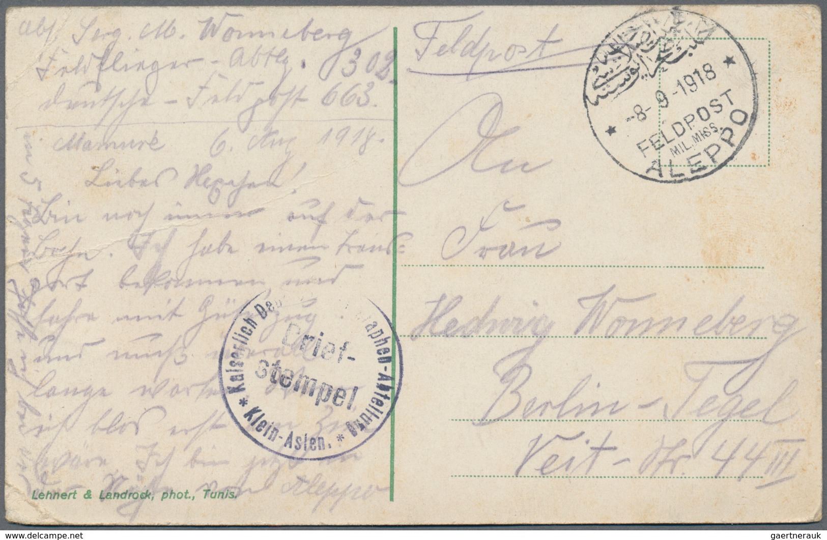 Deutsche Post In Der Türkei - Stempel: 1918, "FELDPOST MIL.MISS. ALEPPO 8.9.1918", Klarer Abschlag A - Turkey (offices)