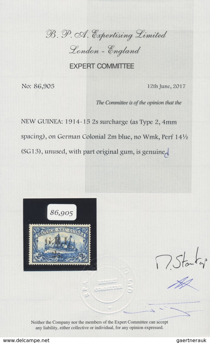 Deutsch-Neuguinea - Britische Besetzung: 1914/1915, 2s. Auf 2 Mark Blau, Enger Aufdruck, Farbfrische - Duits-Nieuw-Guinea