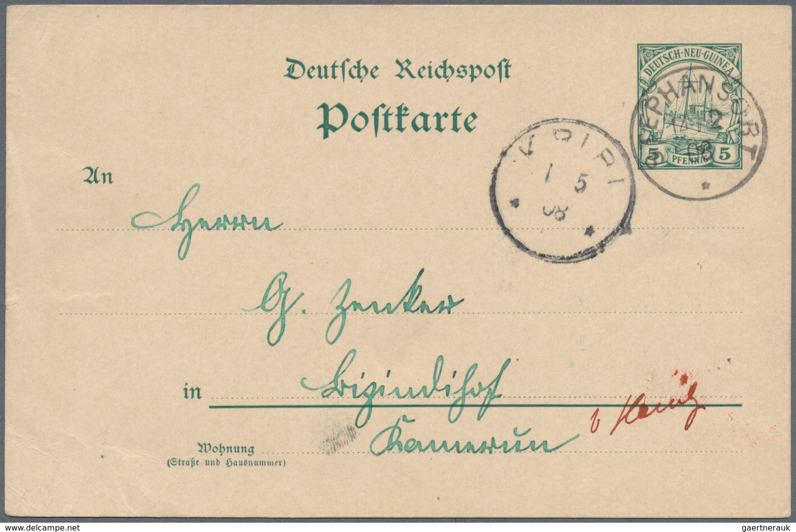 Deutsch-Neuguinea - Ganzsachen: 1908, Bedarfs- Und Portogerecht Gebrauchte Ganzsachenpostkarte Wst. - German New Guinea