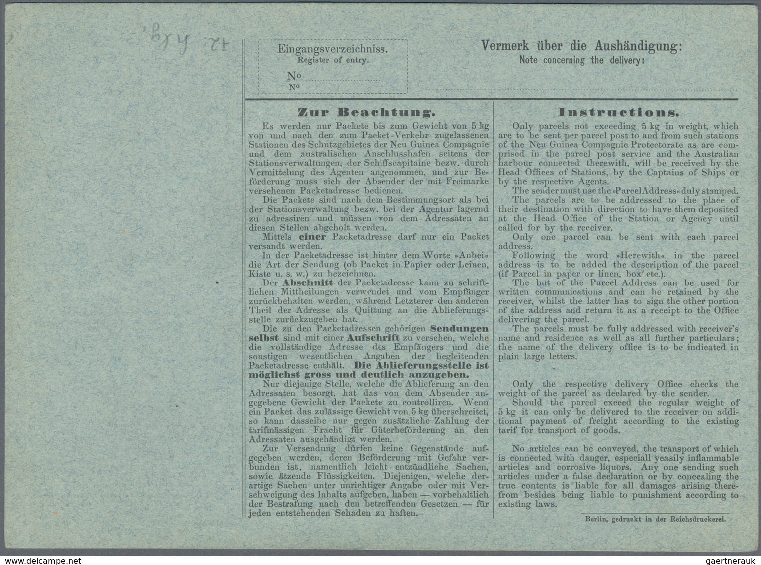 Deutsch-Neuguinea - Ganzsachen: 1888 Ungebrauchte Paketkarte Der Neuguinea-Compagnie 2 Mark Rot, Gan - Duits-Nieuw-Guinea