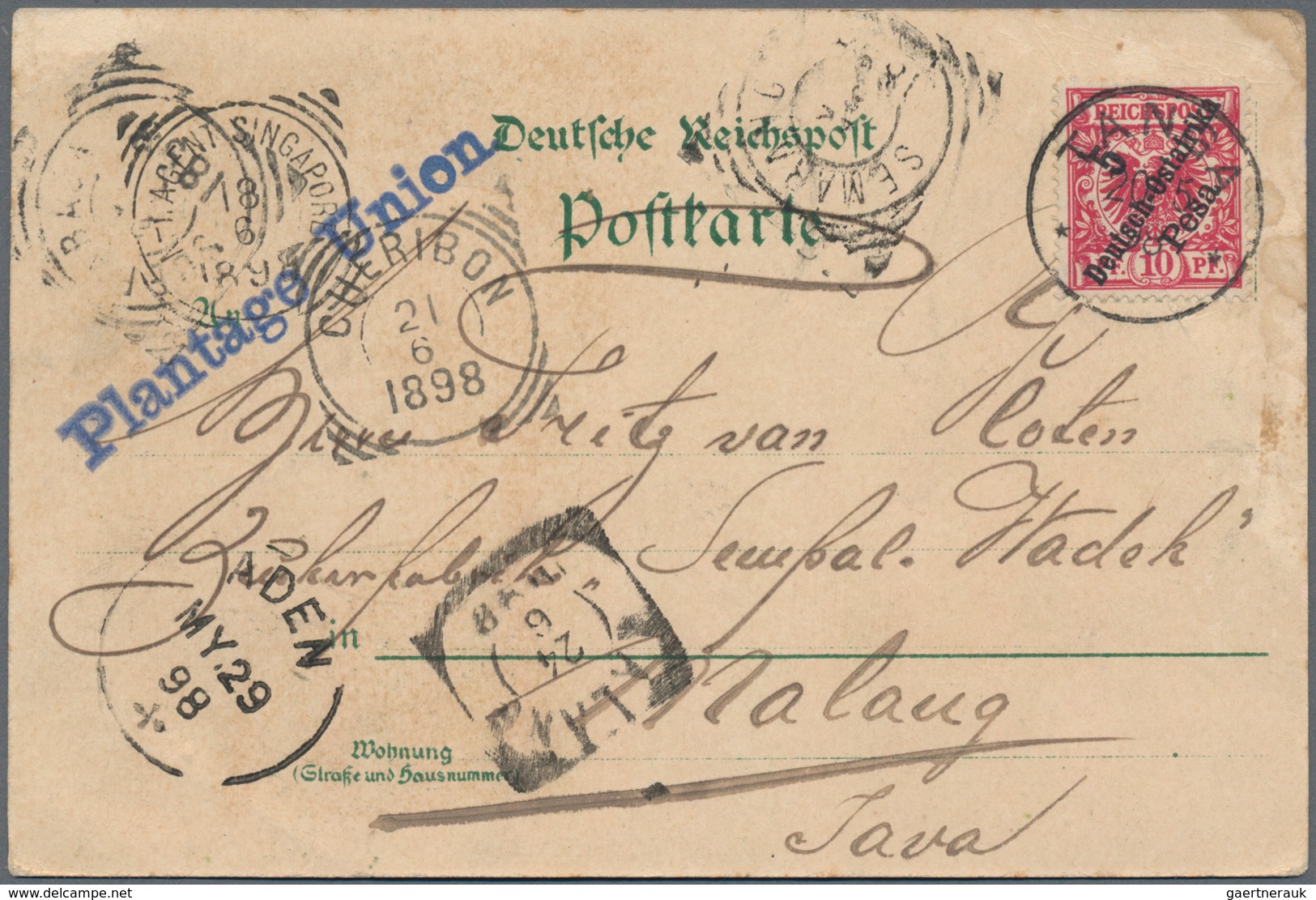 Deutsch-Ostafrika: 1898, 10 Pf. Karmin A. Lithokarte "Gruss Aus Tanga" Ab "TANGA 20/5 98" An C/o Zuc - Deutsch-Ostafrika