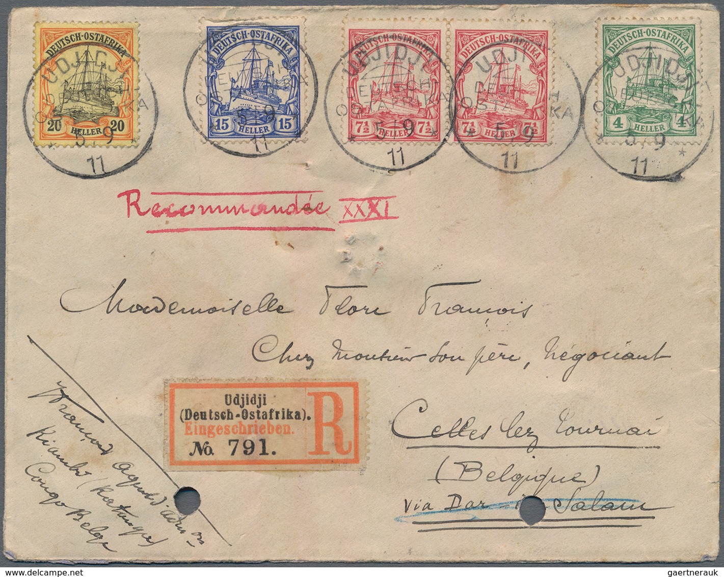 Deutsch-Ostafrika: 1911 Eingeschriebener Brief Von UDJIDJI Nach Celles, BELGIEN Via Dar-es-Salam, Ne - Duits-Oost-Afrika