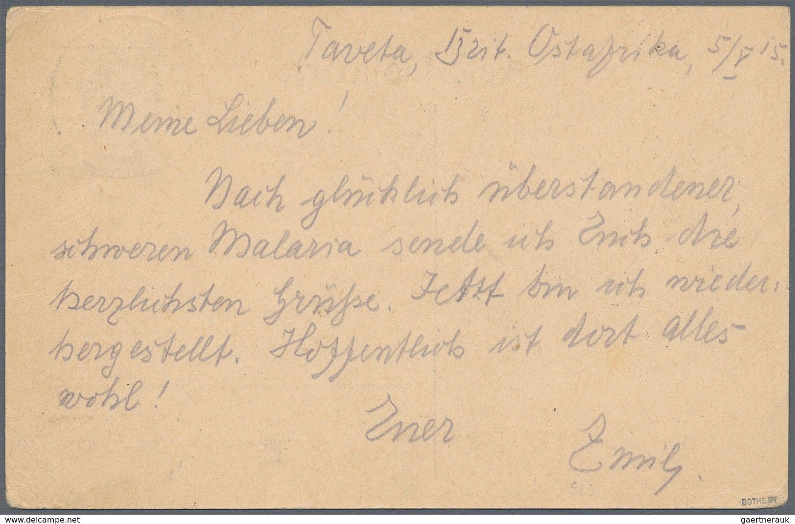 Deutsch-Ostafrika: 1915 (6.5.), 7 1/2 Heller Mit Stempel "TAVETA DEUTSCHE FELDPOST'' Auf Feldpost-Vo - German East Africa