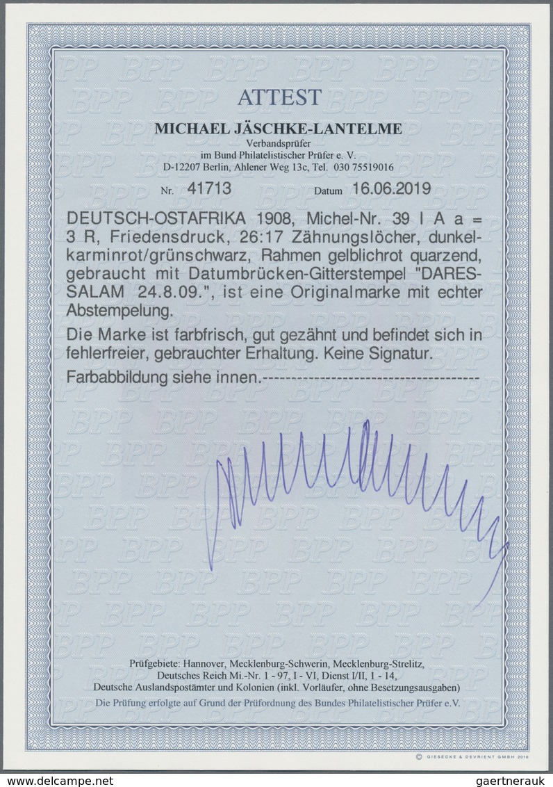 Deutsch-Ostafrika: 1908, 3 Rp. Dunkelkarminrot/grünschwarz Mit Gelblichrot Quarzendem Rahmen, Friede - Deutsch-Ostafrika