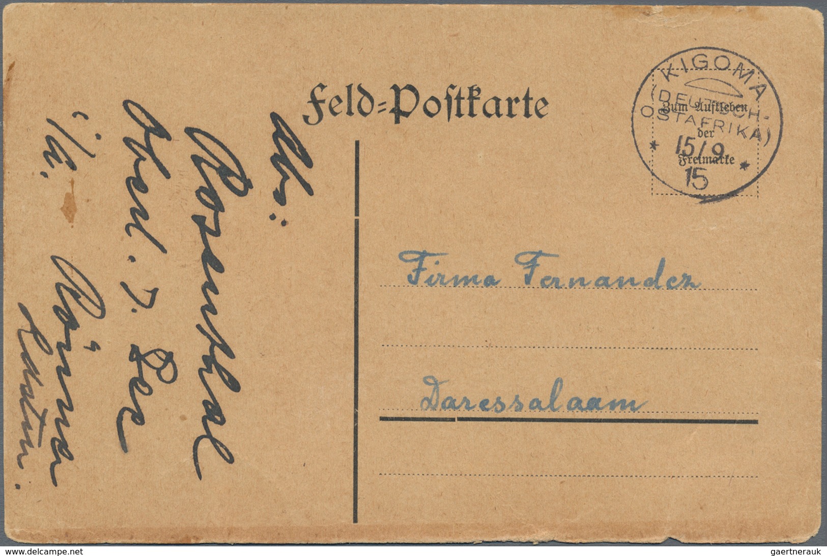 Deutsch-Ostafrika: 1915, Lokal Gedruckte "Feld=Postkarte" Mit Klarem Abschlag Von KIGOMA, 15/9 15, N - Deutsch-Ostafrika