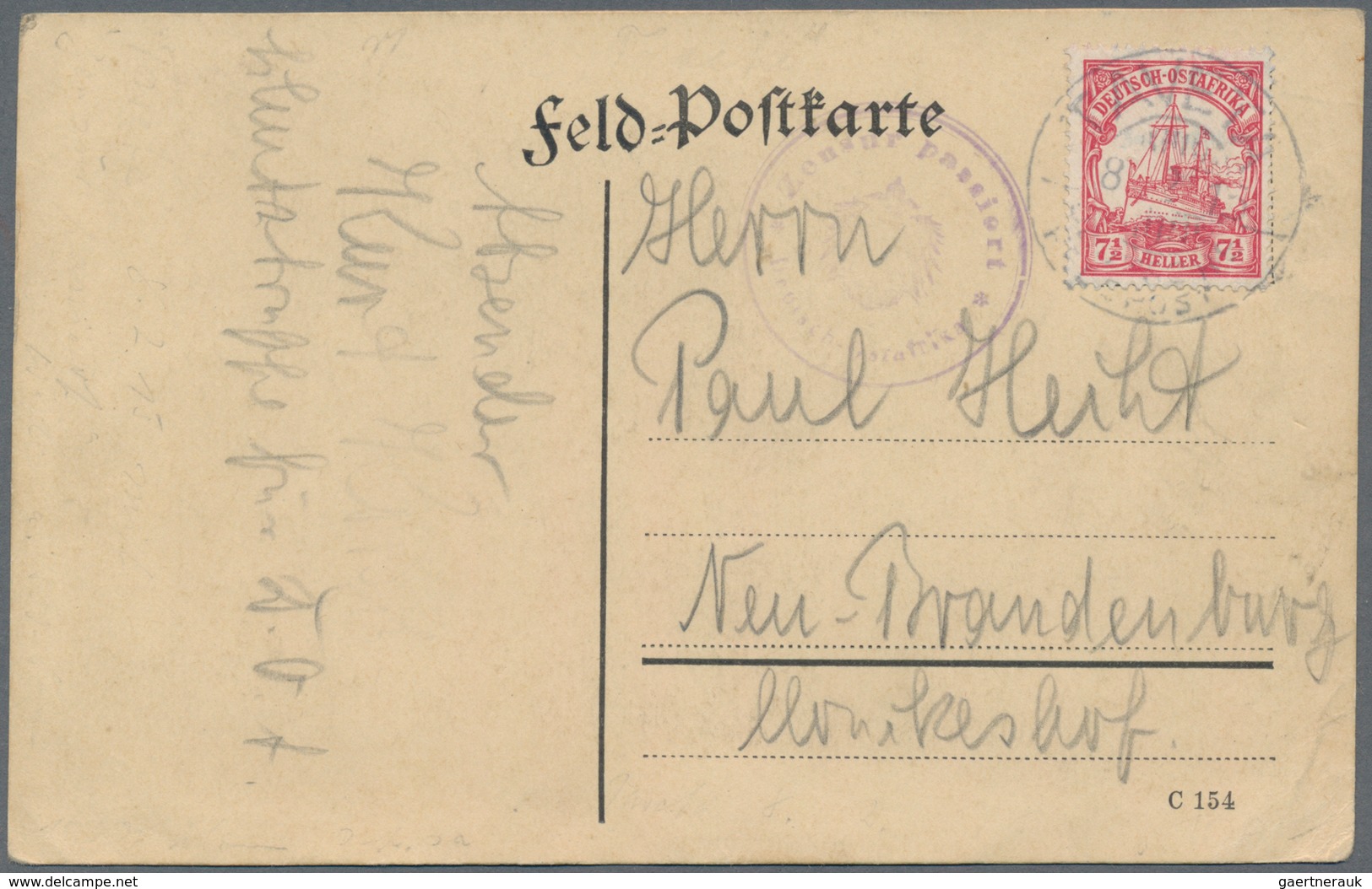 Deutsch-Ostafrika - Besonderheiten: 1915, "Feld-Postkarte" Mit 7 1/2 H Kaiseryacht, Entwertungsstemp - German East Africa