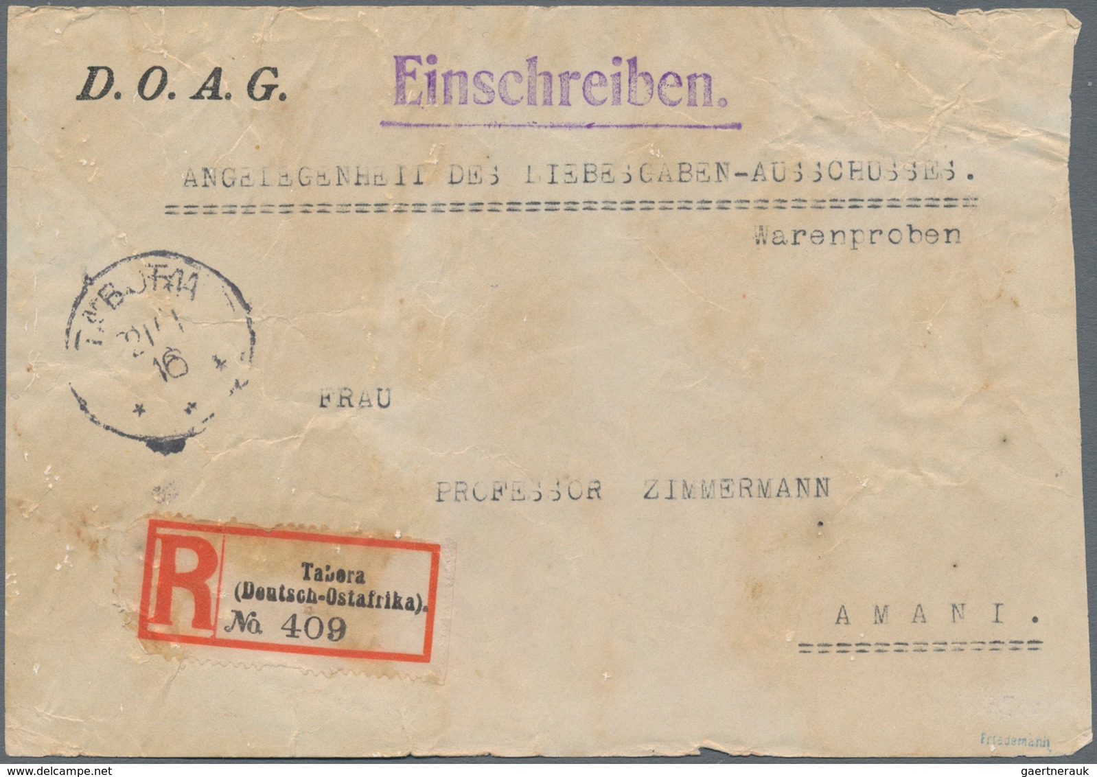 Deutsch-Ostafrika - Besonderheiten: 1916 (21.1.), Gebührenfreie Eingeschriebene Päckchenadresse "ANG - Deutsch-Ostafrika