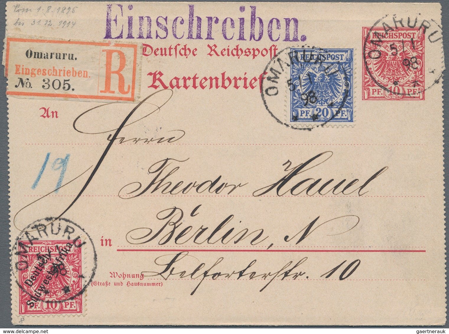 Deutsch-Südwestafrika - Mitläufer: 1898: Kartenbrief 10 Pf. Des Deutschen Reiches Mit Zusatzfrankatu - Deutsch-Südwestafrika