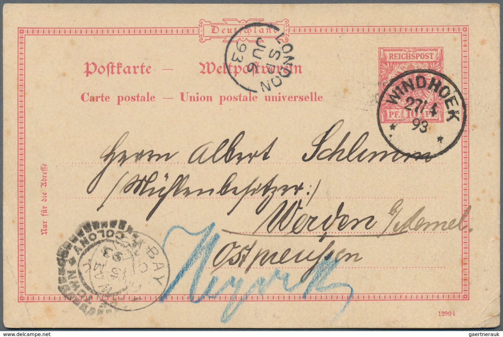 Deutsch-Südwestafrika - Ganzsachen: 1893, Gebrauchte Ganzsachenpostkarte Mit Wst. Krone/Adler 10 Pfe - Duits-Zuidwest-Afrika