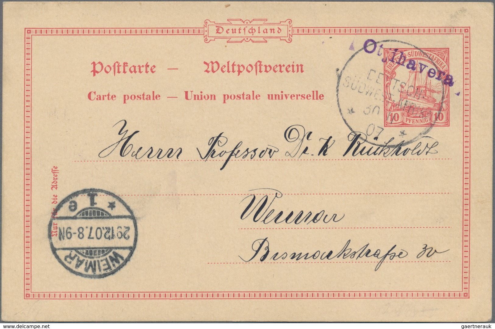 Deutsch-Südwestafrika - Stempel: "Otjihavera", Violetter L1 Auf Wanderstempel Vom 30.11.1907 (Erstta - German South West Africa