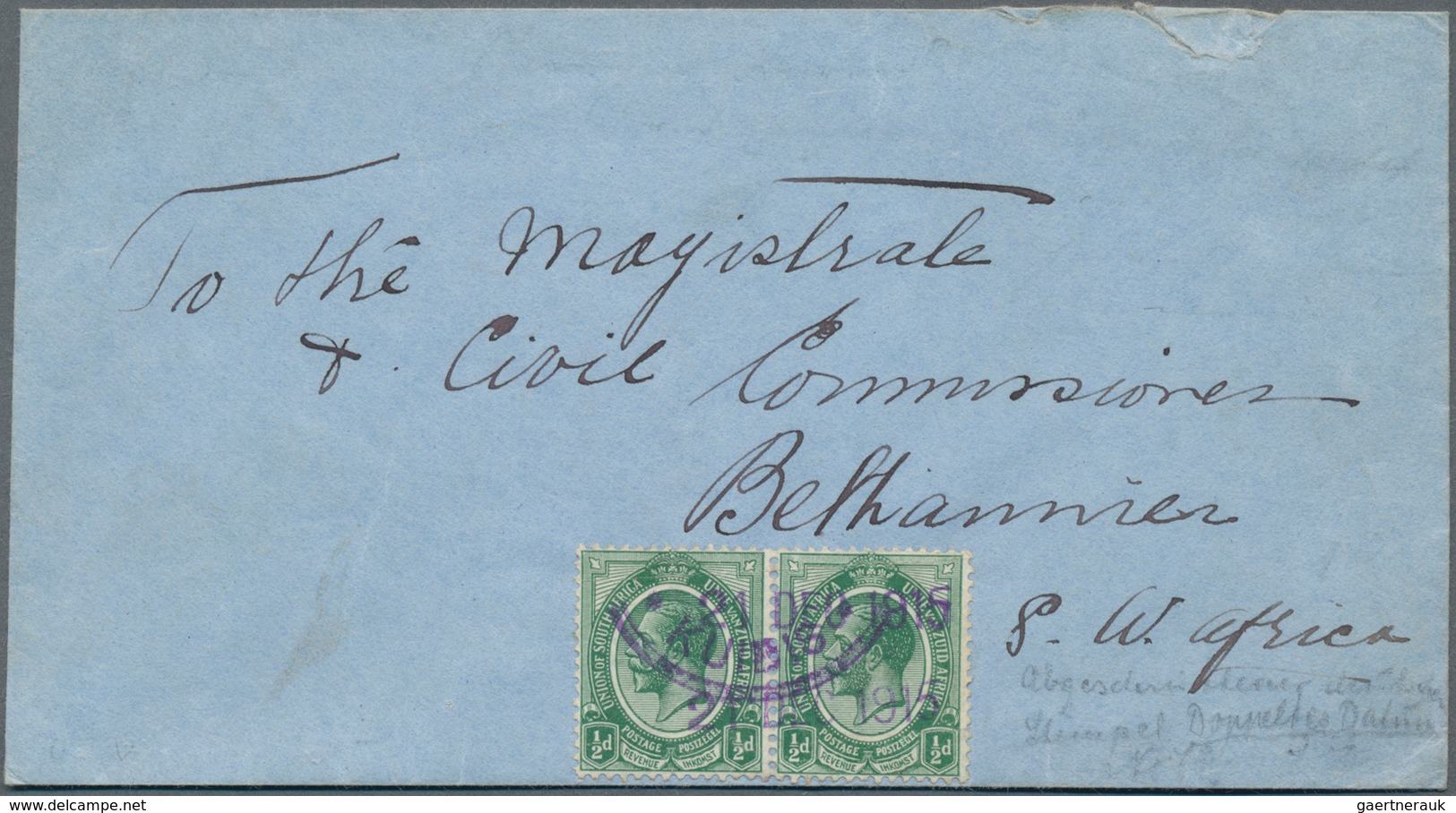 Deutsch-Südwestafrika - Stempel: 1915, Brief (Öffnungsmängel) Mit Paar Der 1/2d Von Südafrika Von KU - Duits-Zuidwest-Afrika