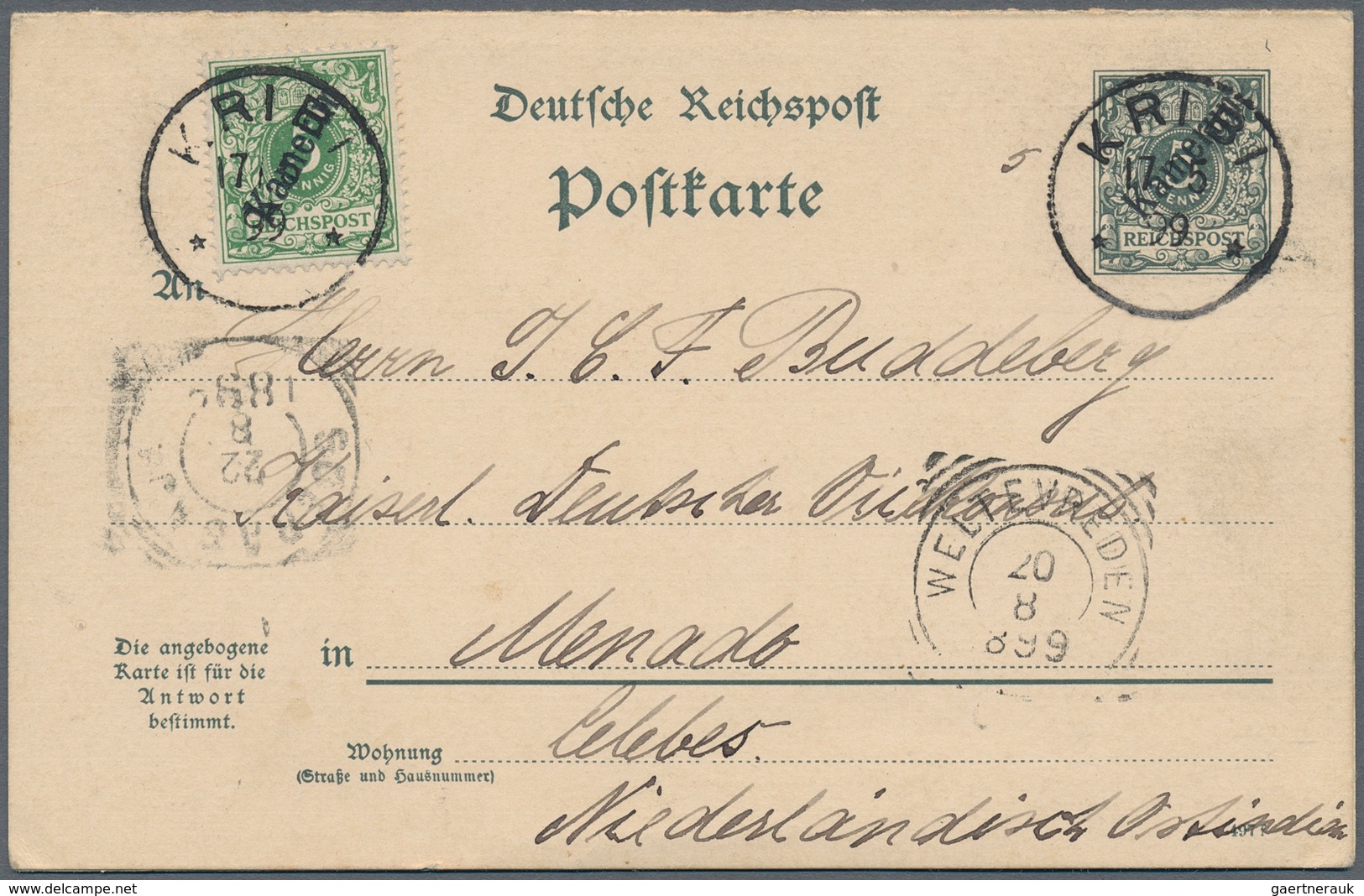 Deutsche Kolonien - Kamerun - Ganzsachen: 1899 (17.5.), GA-Doppelkarte 5/5 Pfg (anhängender Antwortt - Kameroen