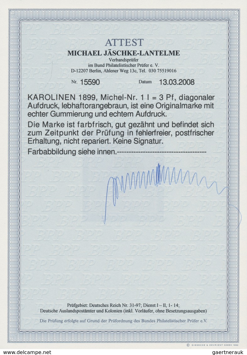 Deutsche Kolonien - Karolinen: 1899, 3 Pf. Krone/Adler, Lebhaftorangebraun, Diagonaler Aufdruck, Mit - Carolinen