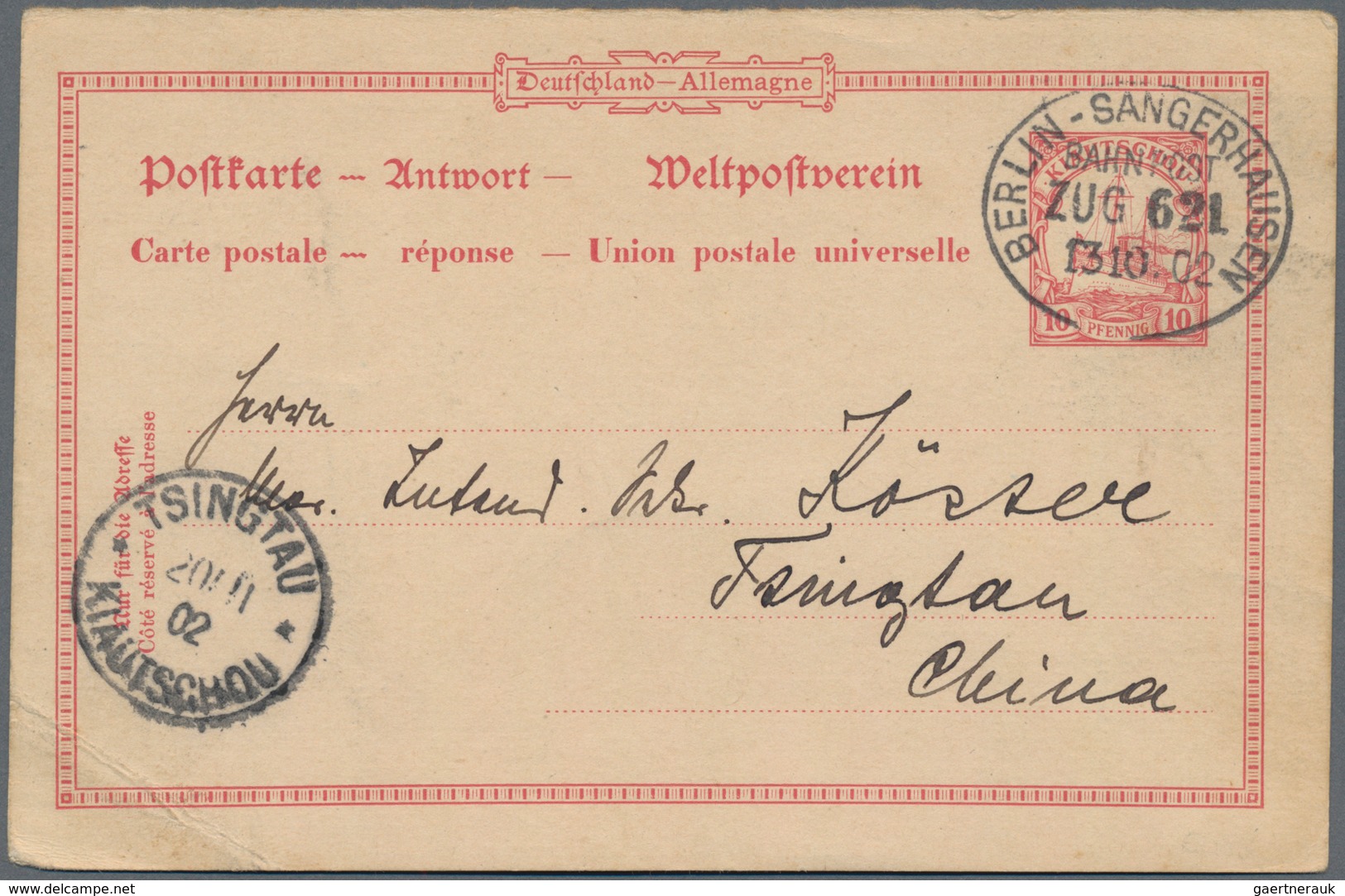 Deutsche Kolonien - Kiautschou - Ganzsachen: 1902: GSK 10 Pf. Antwortteil Bedarfsgebr. Von D. Zurück - Kiautschou