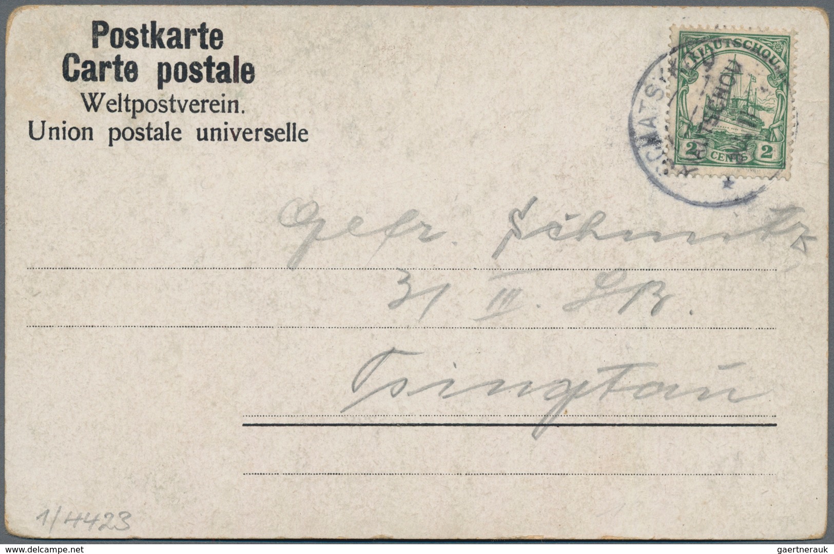 Deutsche Kolonien - Kiautschou - Stempel: "SCHATSYKOU KIAUTSCHOU" Selt. Stpl. A. Ak "Kloster Lauscha - Kiauchau