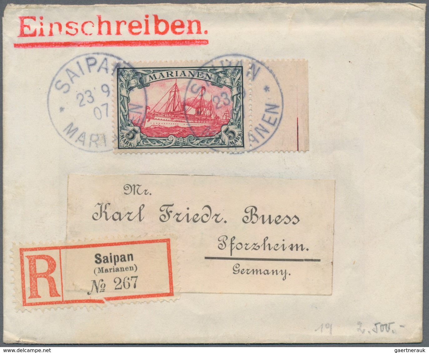 Deutsche Kolonien - Marianen: 1901, 5 Mark Schiffszeichnung, Hervorragend Gezähntes Randstück Als Ei - Marianen