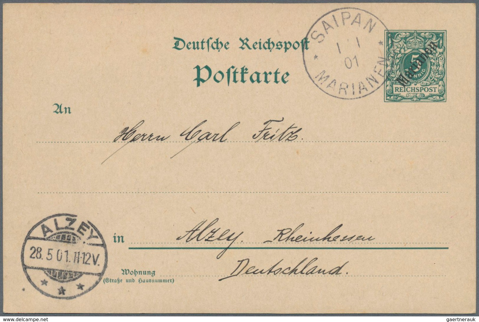 Deutsche Kolonien - Marianen - Ganzsachen: 1901, Gebrauchte Ganzsachenpostkarte Wst. Krone 5 Pfennig - Mariana Islands