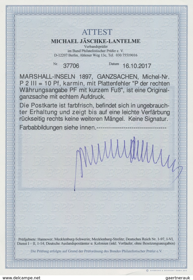 Deutsche Kolonien - Marshall-Inseln - Ganzsachen: 1897, Karte 10 Pfg. Karmin Mit Plattefehler "P Der - Marshalleilanden