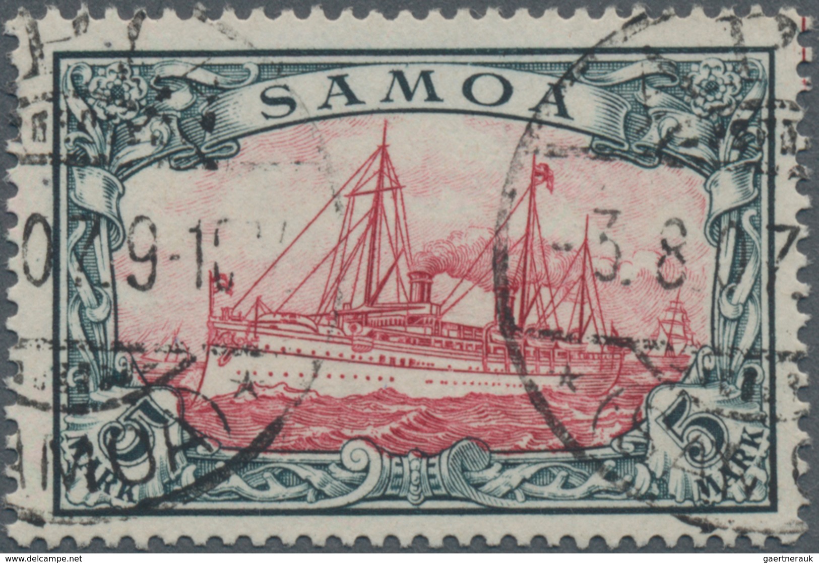 Deutsche Kolonien - Samoa: 1900, 5 Mk Grünschwarz/rot, Entwertet Mit Datumbrücken-Gitterstempel "API - Samoa