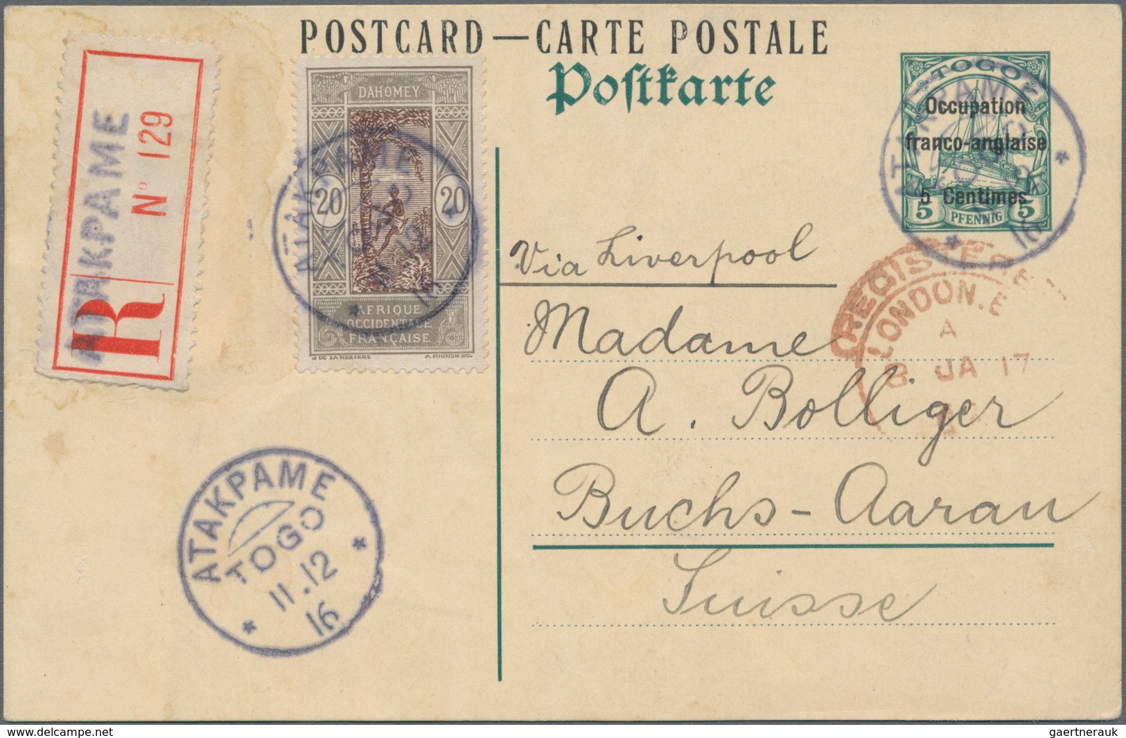 Deutsche Kolonien - Togo - Ganzsachen: 1914, Portogerecht Mit Einschreiben Verwendete Ganzsachenpost - Togo