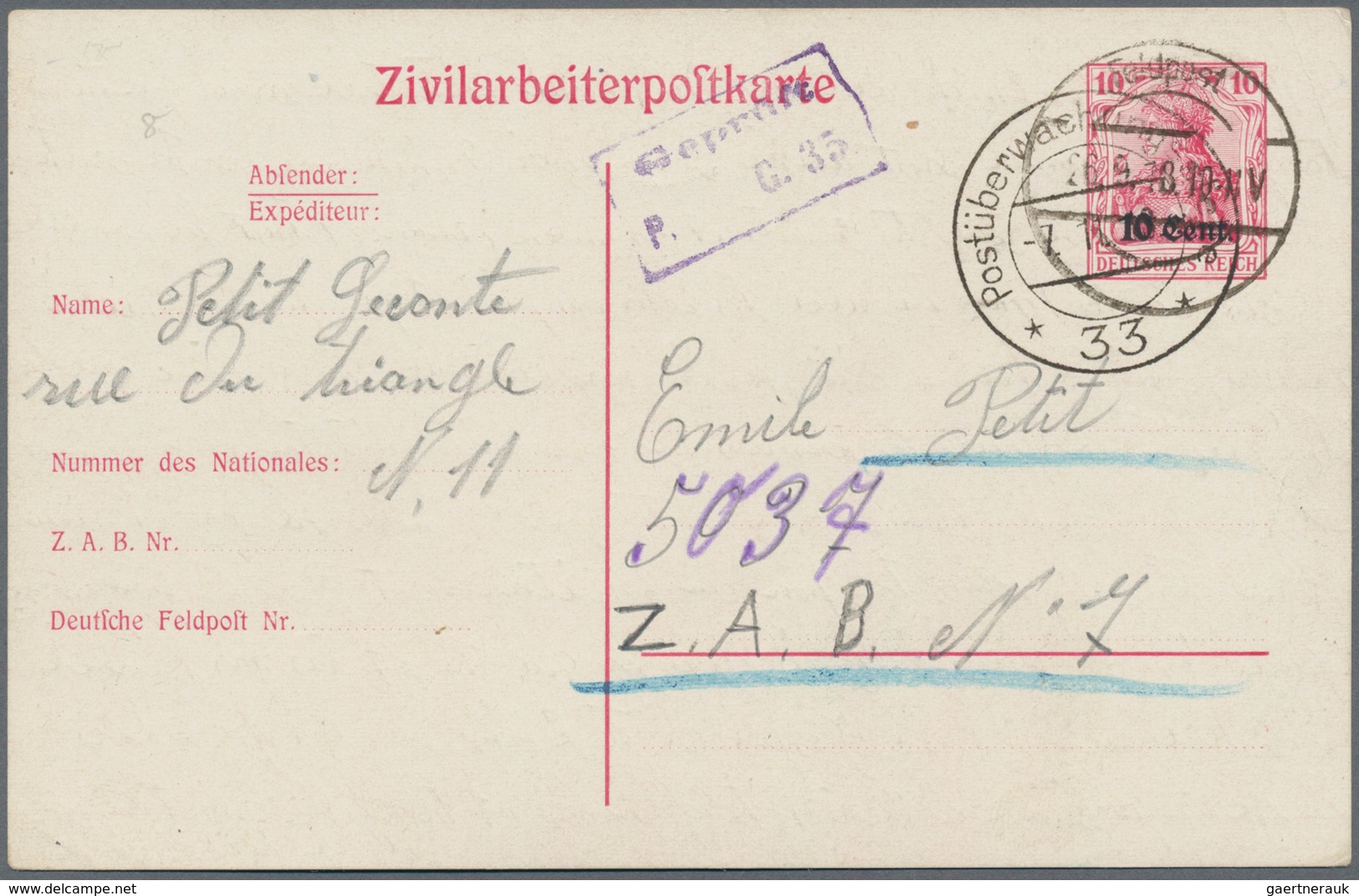 Deutsche Besetzung I. WK: Etappengebiet West - Ganzsachen: 1918. Zivilarbeiterpostkarte 10 Cent Auf - Occupation 1914-18