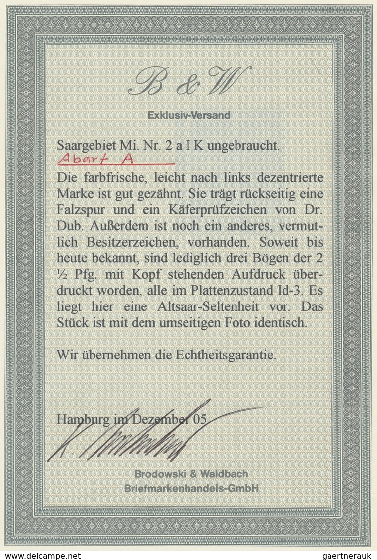 Deutsche Abstimmungsgebiete: Saargebiet: 1920, "2 ½ Pfg. Germania/Sarre Mit Kopfstehendem Aufdruck U - Covers & Documents