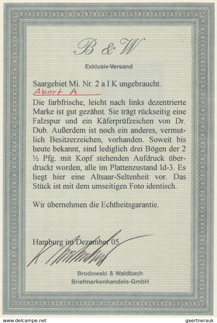 Deutsche Abstimmungsgebiete: Saargebiet: 1920, "2 ½ Pfg. Germania/Sarre Mit Kopfstehendem Aufdruck U - Briefe U. Dokumente