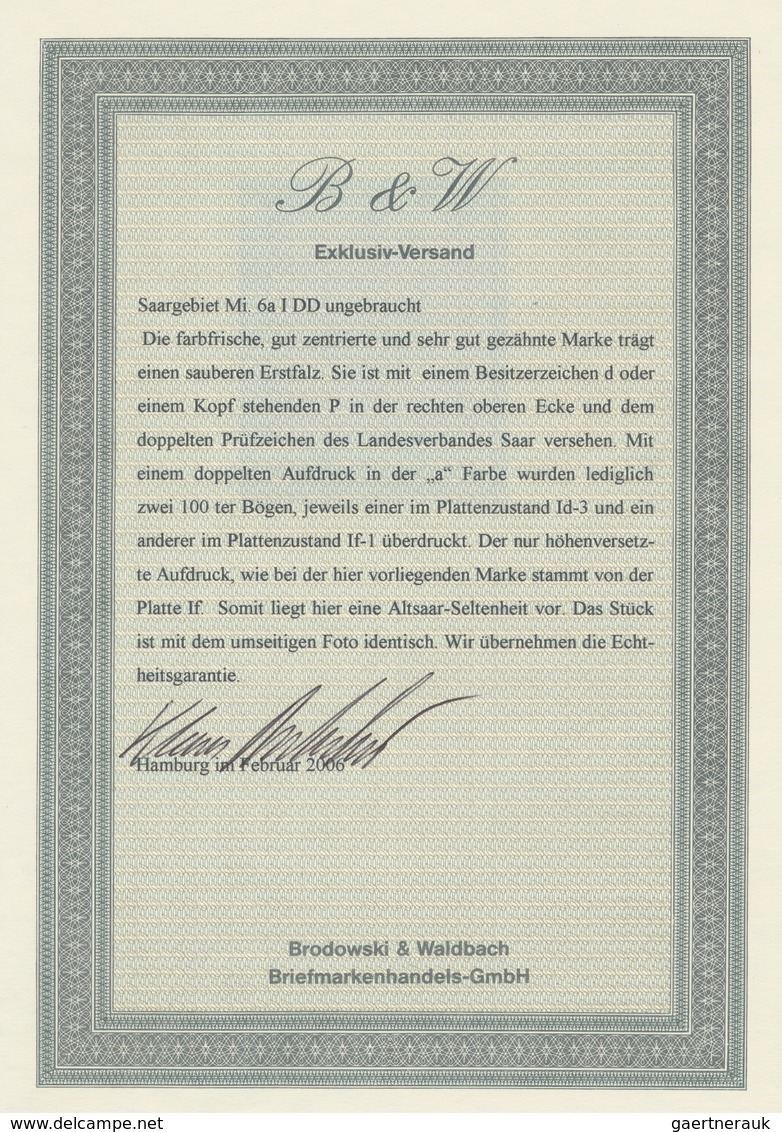 Deutsche Abstimmungsgebiete: Saargebiet: 1920, "10 Pfg. Germania/Sarre Mit Doppeltem Aufdruck", Unge - Briefe U. Dokumente