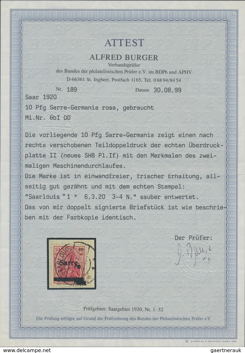 Deutsche Abstimmungsgebiete: Saargebiet: 1920, 10 Pf Germania Mit Teilweise DOPPELTEM AUFDRUCK Saube - Briefe U. Dokumente