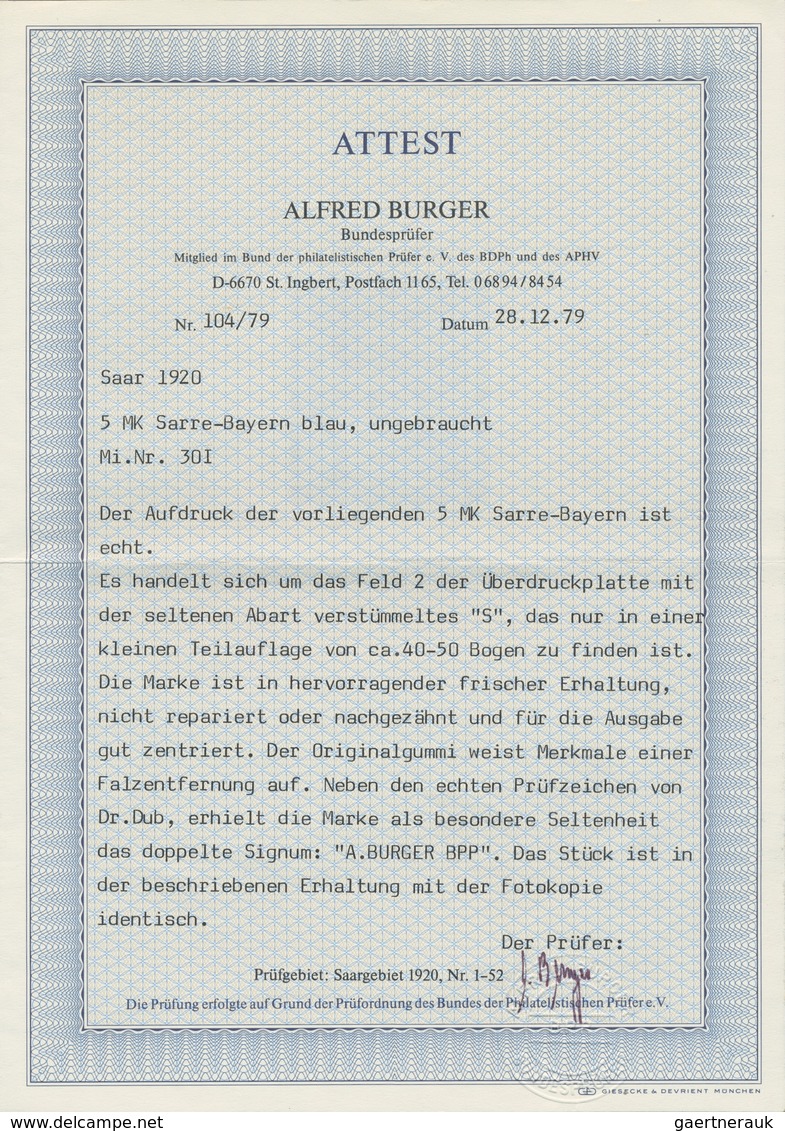 Deutsche Abstimmungsgebiete: Saargebiet: 1920, "5 Mk. Bayern/Sarre Mit Abart Verstümmeltes S In Sarr - Brieven En Documenten