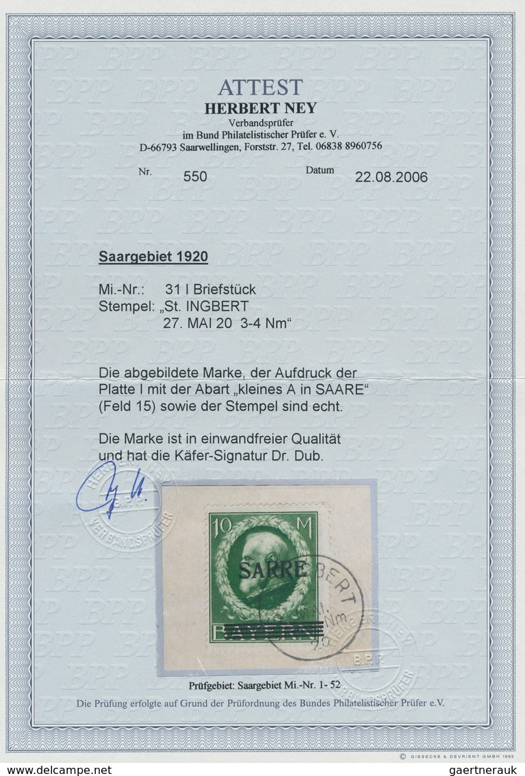 Deutsche Abstimmungsgebiete: Saargebiet: 1920, "10 Mk. Bayern/Sarre Mit Aufdruckabart Kleines A In S - Brieven En Documenten