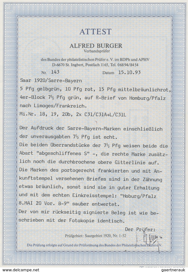 Deutsche Abstimmungsgebiete: Saargebiet: 1920, Bayern-Sarre, 7½ Pfg. Grün, Nicht über Die Postschalt - Brieven En Documenten