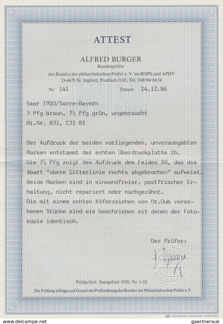 Deutsche Abstimmungsgebiete: Saargebiet: 1920, "7½ Pfg. Bayern/Sarre Mit Aufdruck-PLF B I", Postfris - Covers & Documents