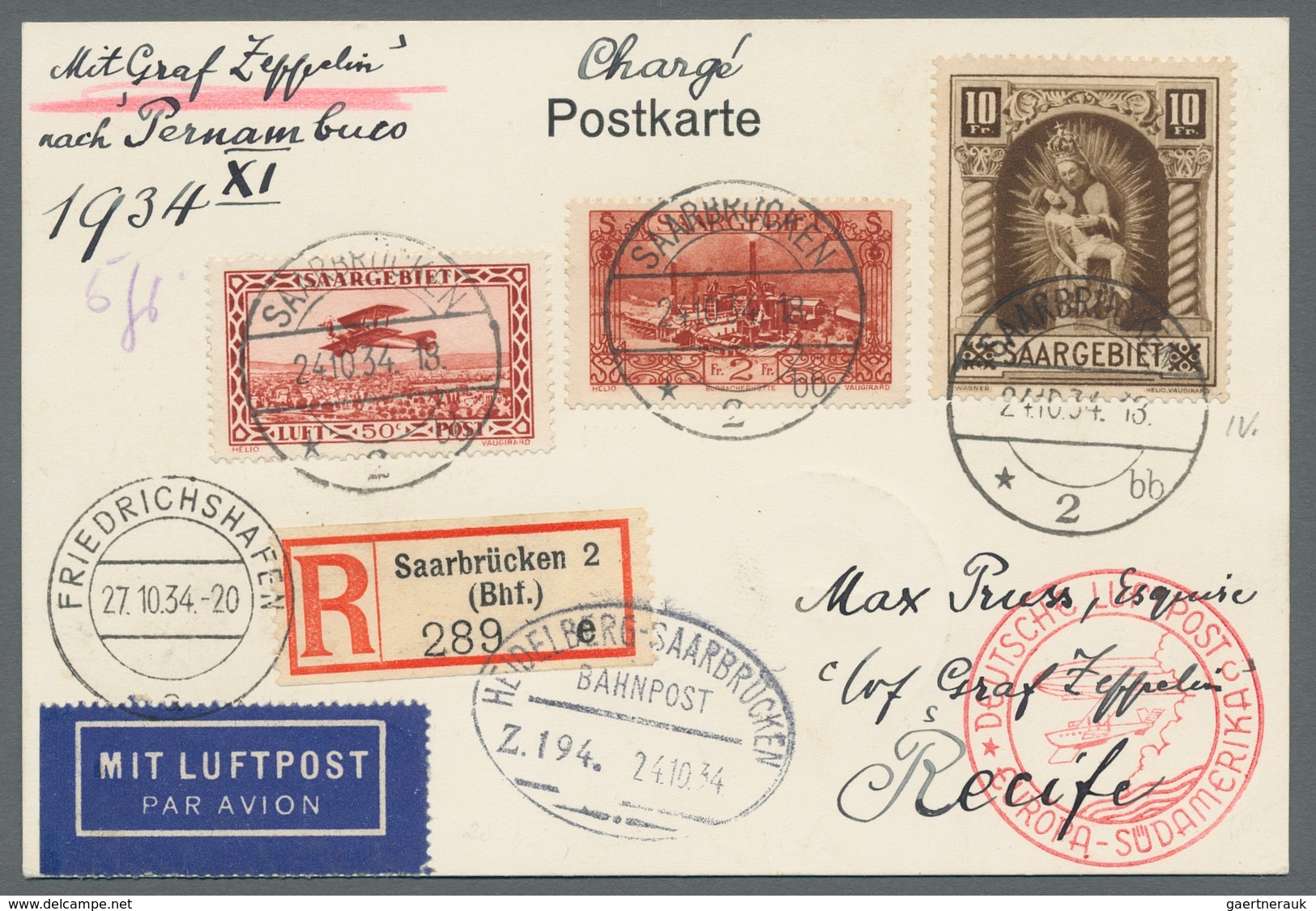 Deutsche Abstimmungsgebiete: Saargebiet: 1934 - 11. SAF, Zuleitung Saar Auf Seltener R-Karte Mit Hoc - Covers & Documents