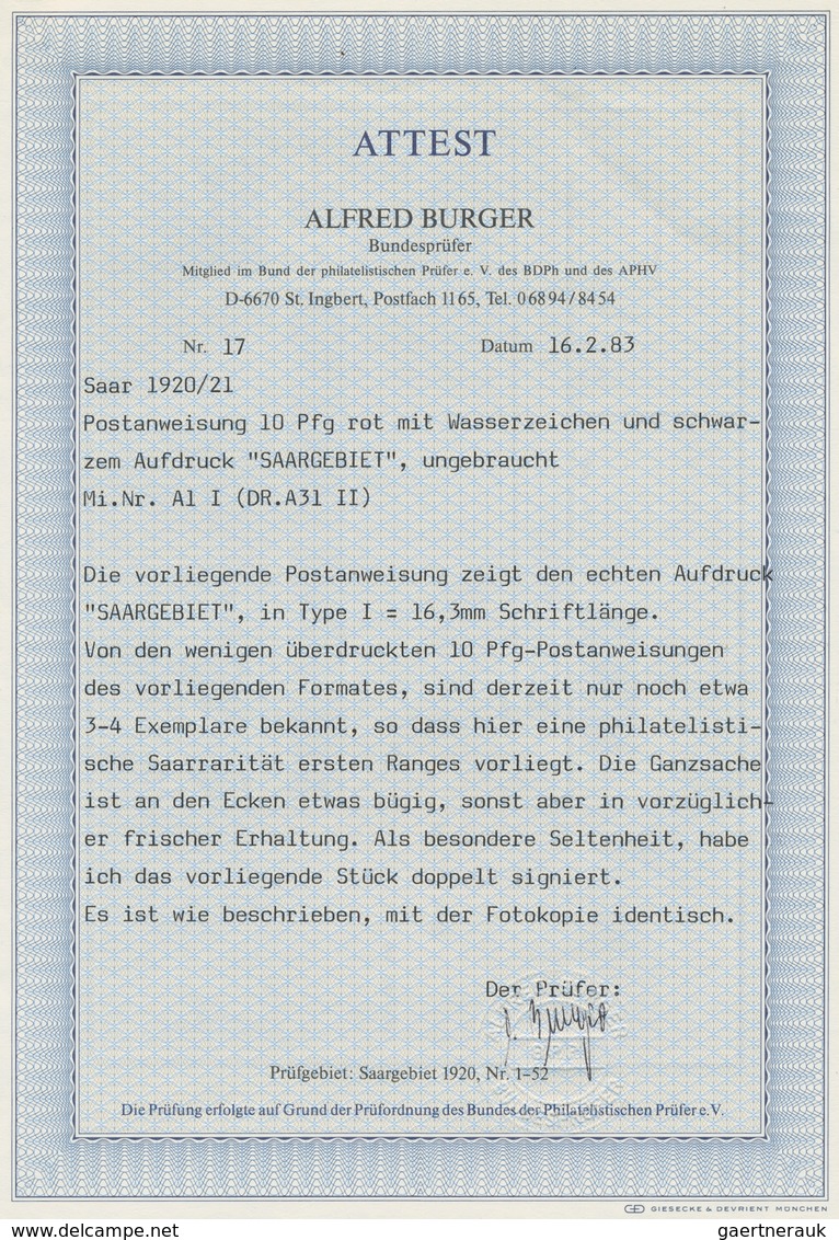 Deutsche Abstimmungsgebiete: Saargebiet - Ganzsachen: 1920/21, "10 Pfg. Germania/Saargebiet", Ungebr - Postwaardestukken