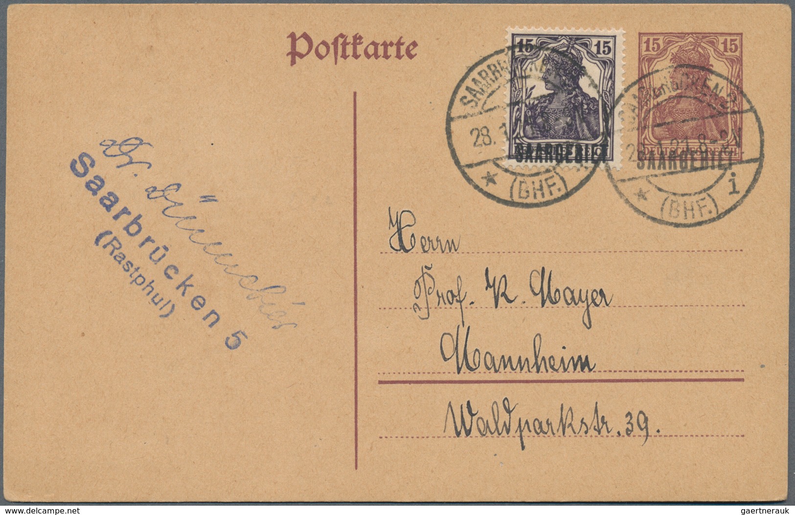 Deutsche Abstimmungsgebiete: Saargebiet - Ganzsachen: 1921, Gebrauchte Ganzsachenpostkarte Mit Schwa - Postal Stationery
