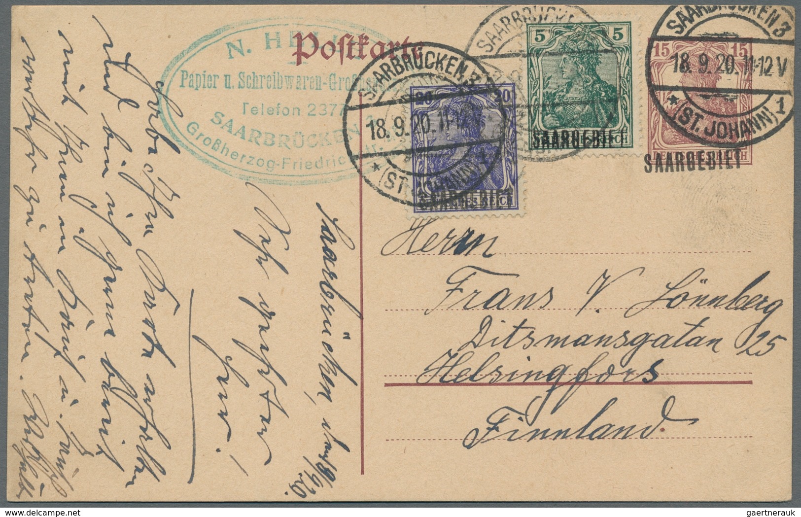 Deutsche Abstimmungsgebiete: Saargebiet - Ganzsachen: 1920, "15 Pfg. Braunlila Mit Seltener Aufdruck - Postwaardestukken