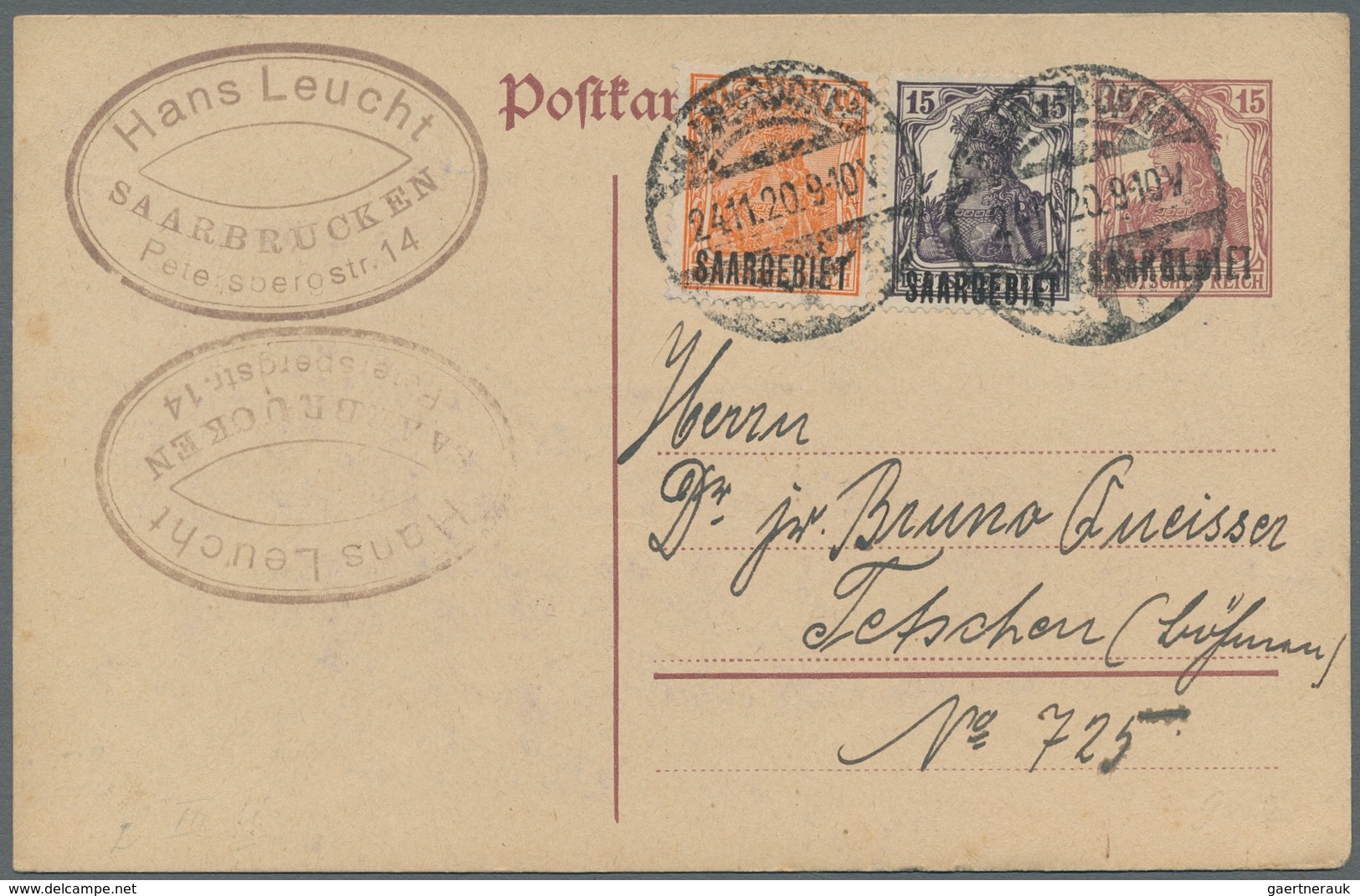 Deutsche Abstimmungsgebiete: Saargebiet - Ganzsachen: 1920, "15 Pfg. Braunlila Mit Seltener Aufdruck - Postal Stationery