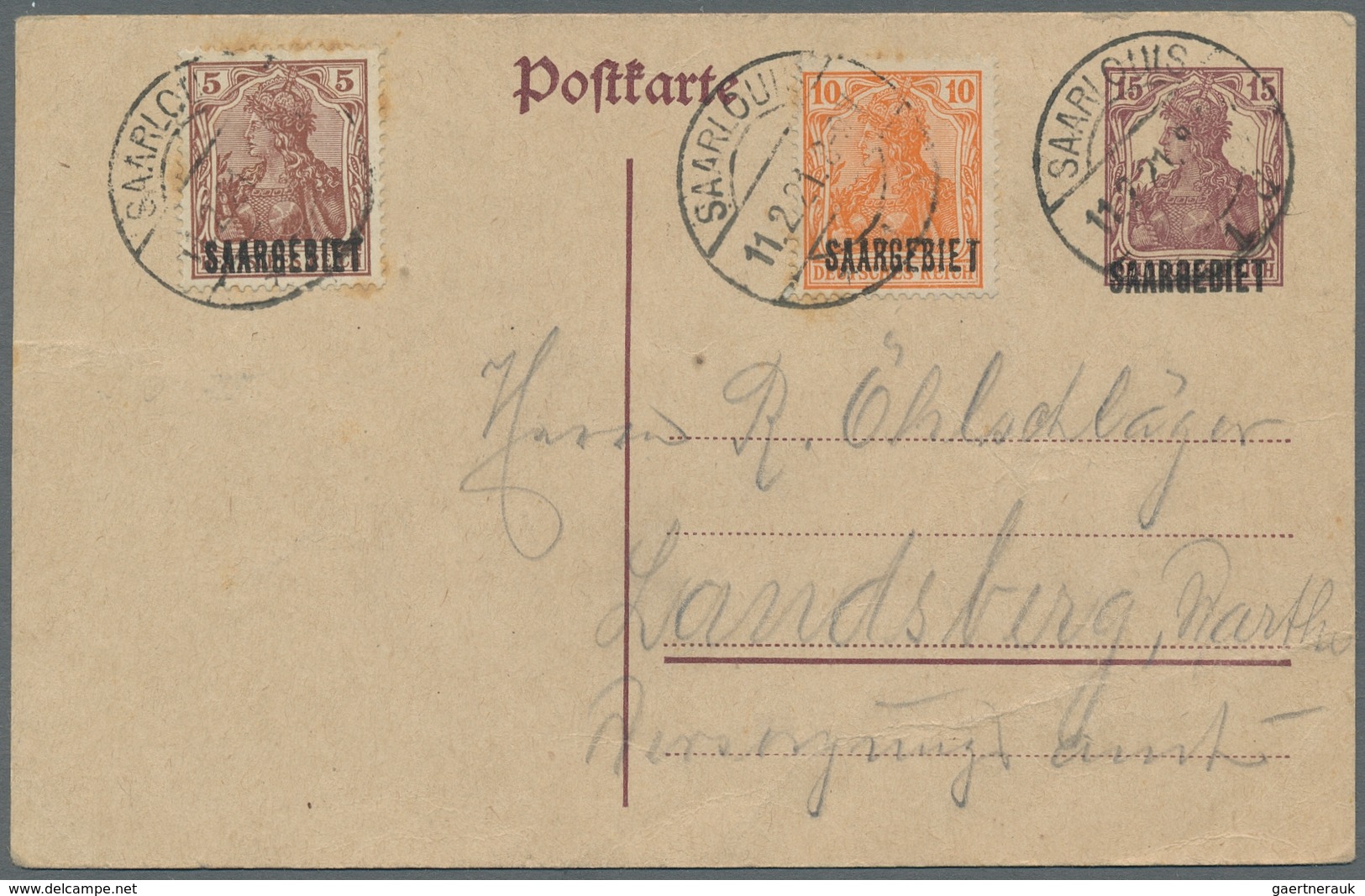 Deutsche Abstimmungsgebiete: Saargebiet - Ganzsachen: 1920, "15 Pfg. Braunlila Mit Seltener Aufdruck - Postal Stationery