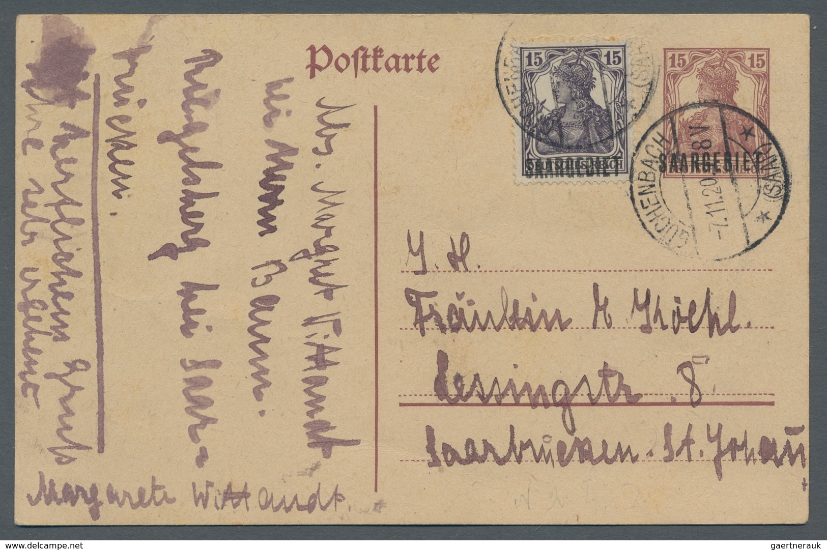 Deutsche Abstimmungsgebiete: Saargebiet - Ganzsachen: 1920, "15 Pfg. Braunlila Mit Aufdruck In Type - Postwaardestukken