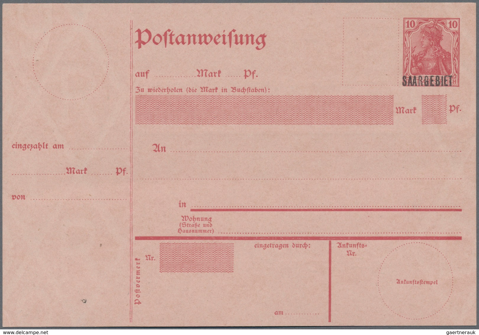 Deutsche Abstimmungsgebiete: Saargebiet - Ganzsachen: 1920, 10 Pf. Germania SAARGEBIET, Ungebrauchte - Postal Stationery